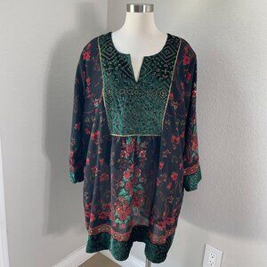 NEW Ulla Popken Womens Plus 20/22 Beaded Tunic Top Black Red Green Floral Shirt